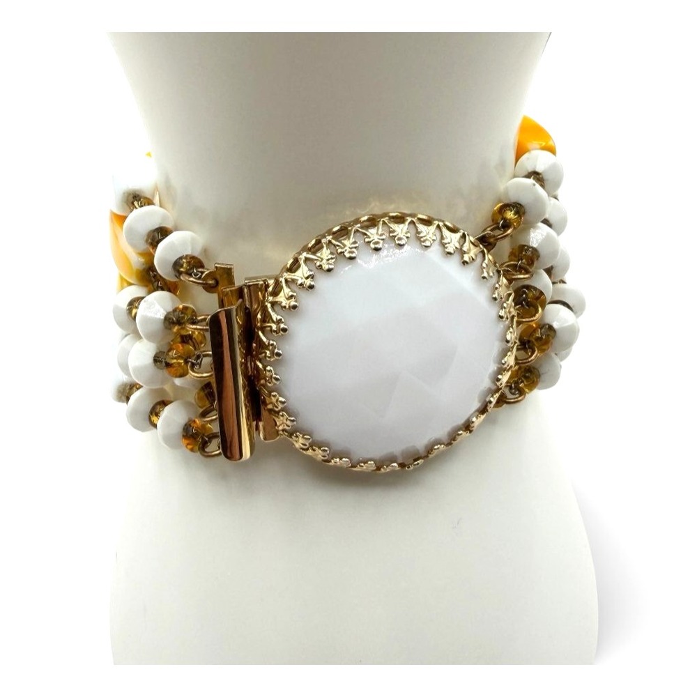 Vintage Hobé Signed 5 Strand Yellow White Milk Glass Bead Bracelet Gold Tone 6in